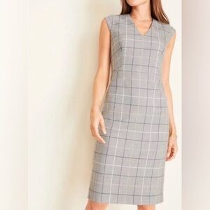 Ann Taylor Gray Windowpane V Neck Sheath Dress